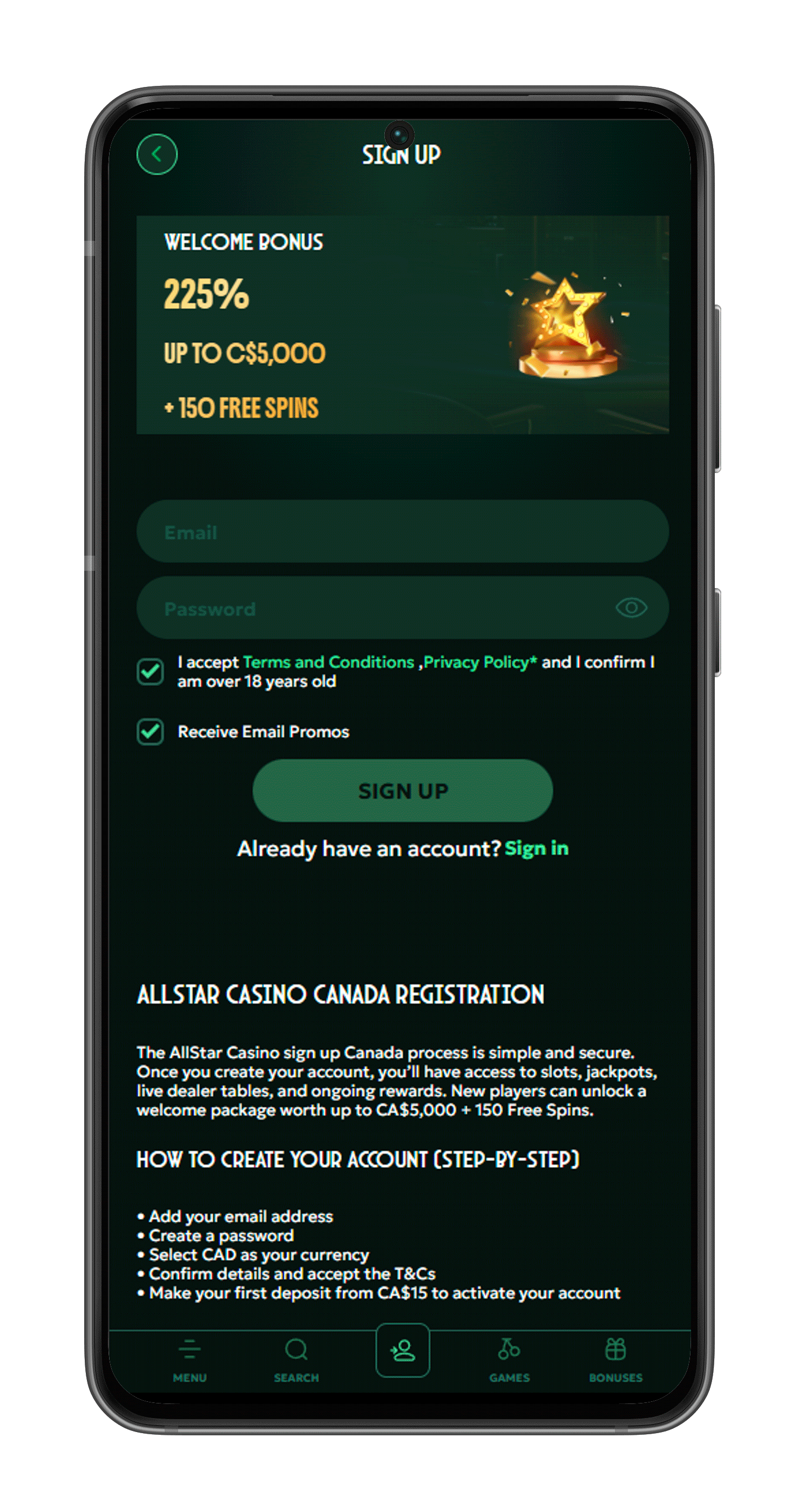 Mobile app sign up 2 Allstar casino